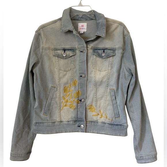 LuLaRoe Harvey Embroidered Light Wash Denim Jacket Yellow Roses - Picture 1 of 9